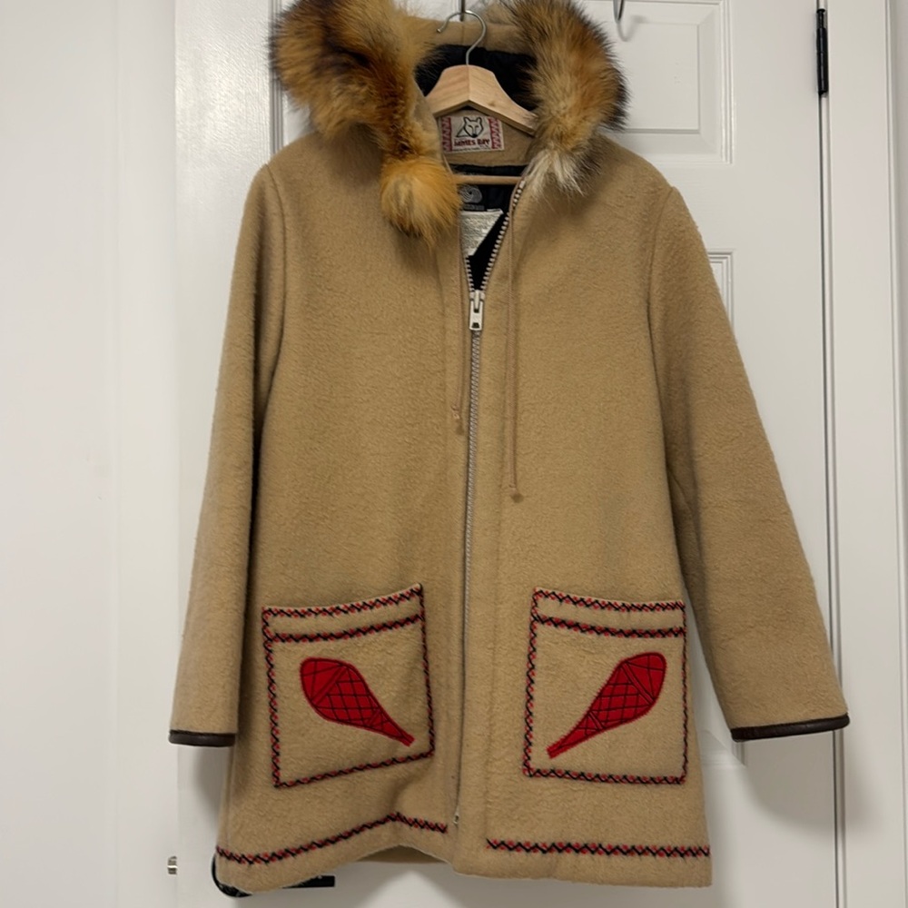 Vintage 1970’s James Bay Wool Coat w/Fur Hood & Leather Trim